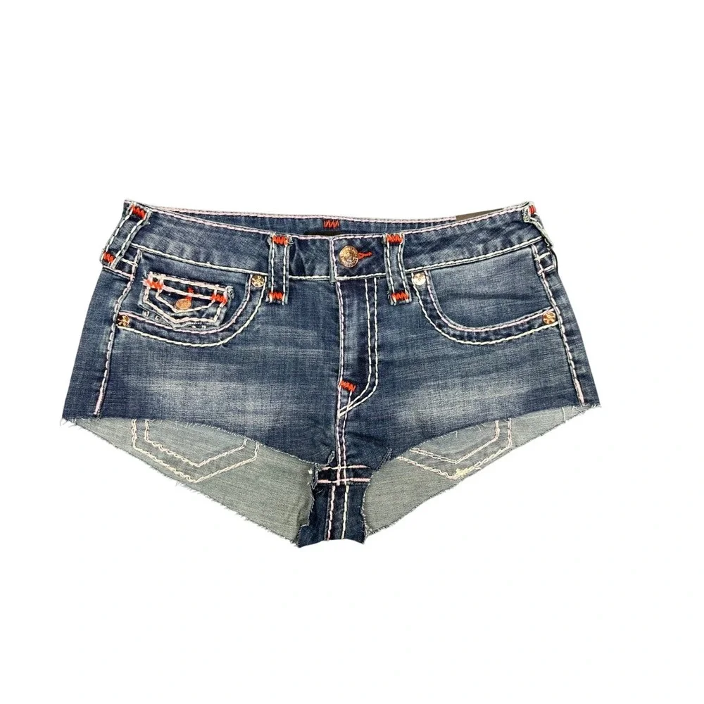True Religion Spicy Short Flap Super T Denim Shorts Wave Lily Blue‎ W29 NEW
